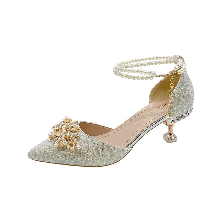 Damen elegante Pumps mit Perlenschmuck und glitzerndem Absatz R&B