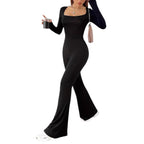 Damen Langarm Jumpsuit mit elegantem Quadrat-Ausschnitt und weitem Bein R&B