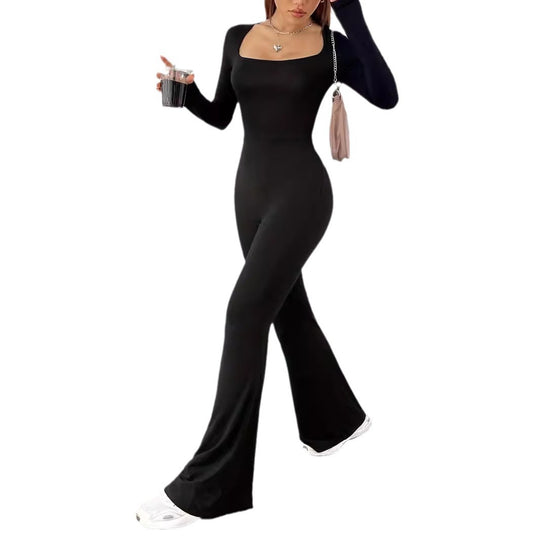 Damen Langarm Jumpsuit mit elegantem Quadrat-Ausschnitt und weitem Bein R&B
