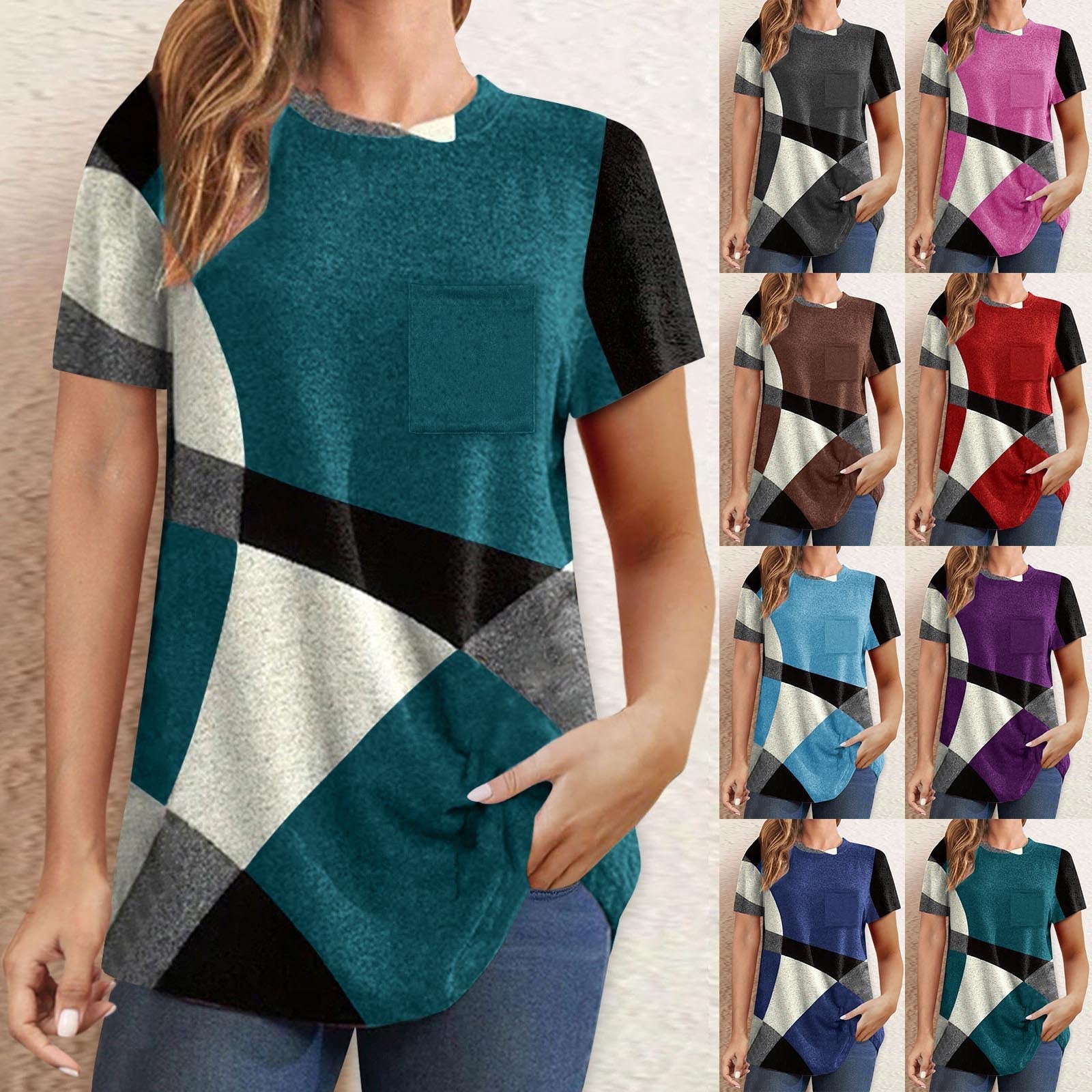 Damen T-Shirt mit modernem geometrischen Design und praktischer Brusttasche R&B