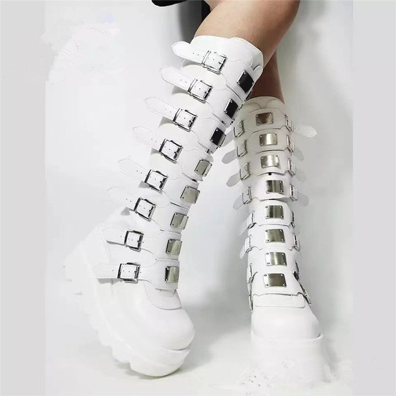 Damen Plattform Stiefel mit modischem Schnallen-Design und stabiler Sohle R&B