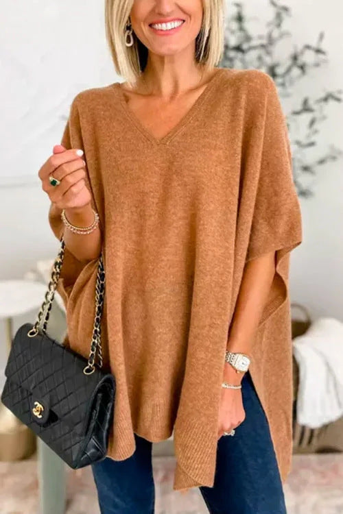 Damen lässiger Strickponcho mit V-Ausschnitt und übergroßem Schnitt R&B