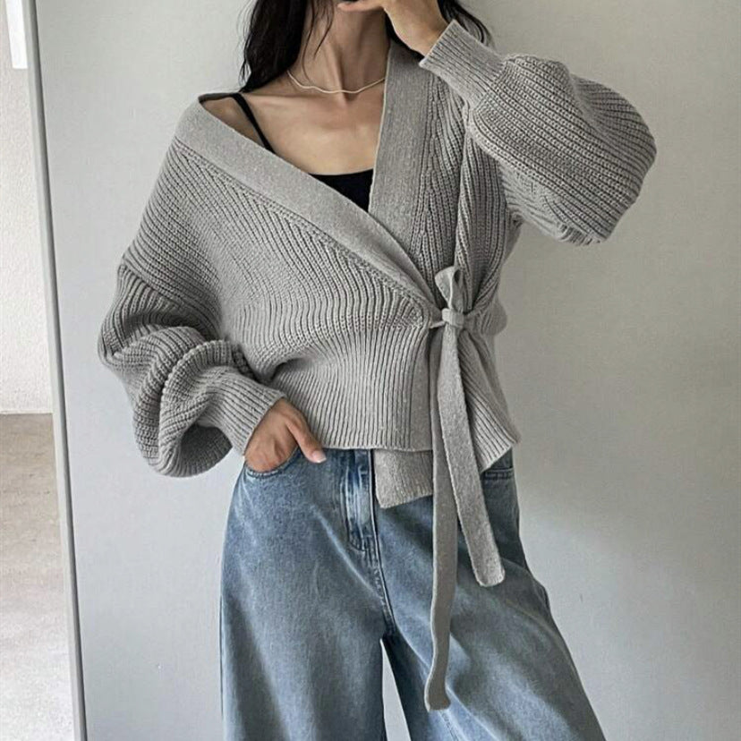 Damen Wickelstrickjacke mit weichem Material und lässigem Schnitt R&B