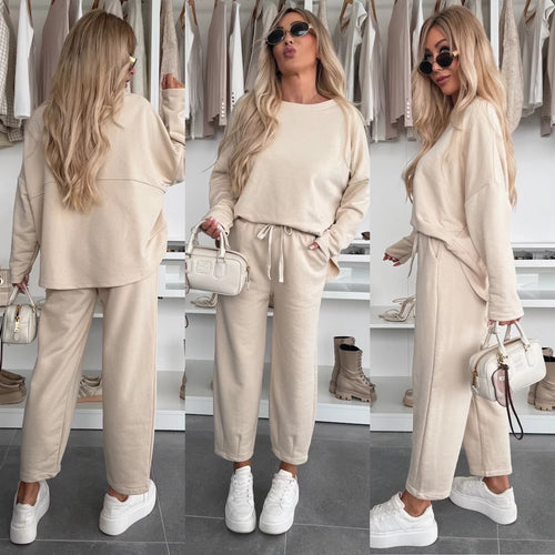 Damen elegantes Freizeit-Lounge-Set aus weicher Baumwolle mit Gummizug R&B