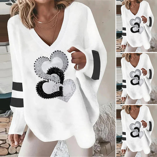 Damen nan übergroßer Strickpullover mit tiefem Ausschnitt Paillettenherz und Kontrastarmstreifen R&B