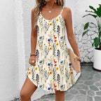 Damen lässiges Blumenkleid mit schmalen Spaghettiträgern und weitem Rock R&B