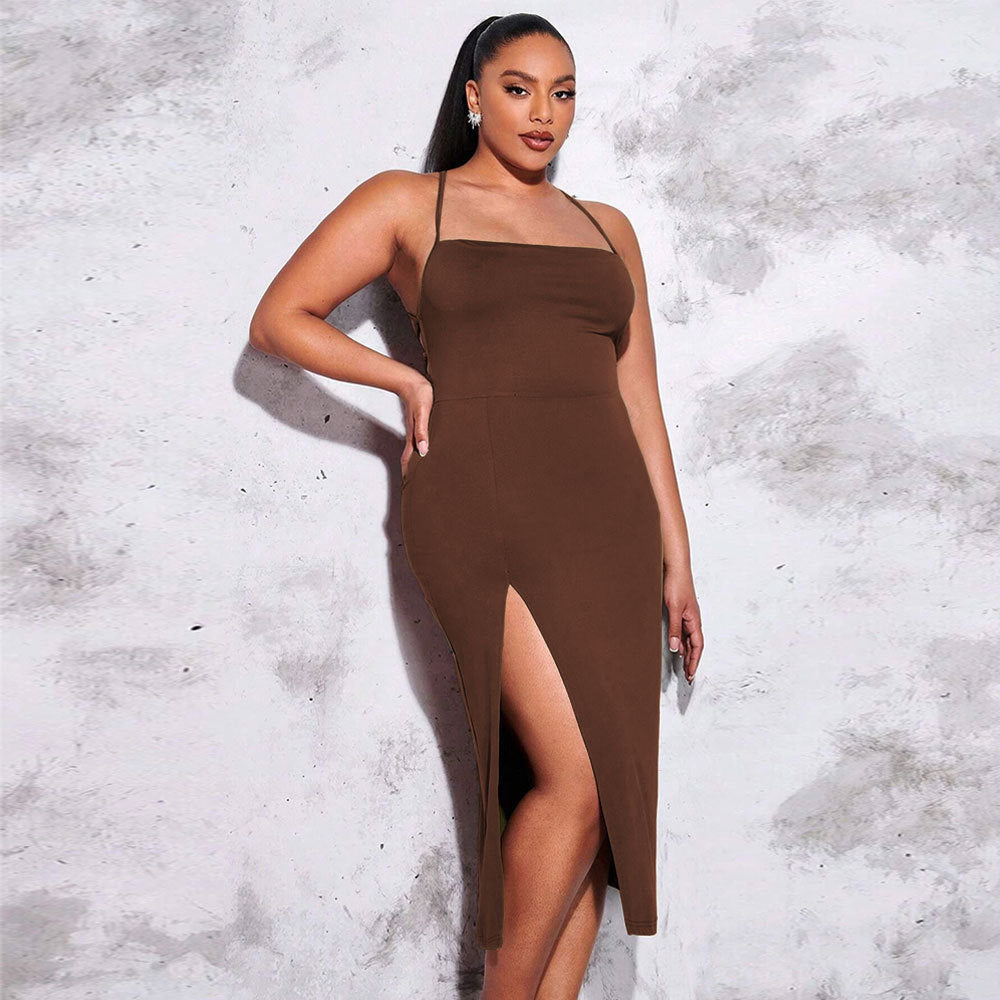 Damen schickes Maxikleid mit Spaghetti-Trägern und seitlichem Schlitz R&B