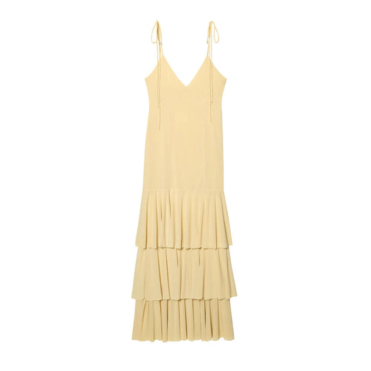 Damen Maxikleid mit voluminösen Rüschendetails und verstellbaren Spaghetti-Trägern R&B