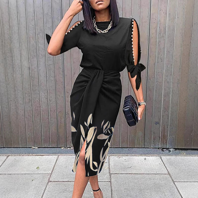 Damen Wickelkleid mit dekorativen Ärmeln und floralem Saum R&B