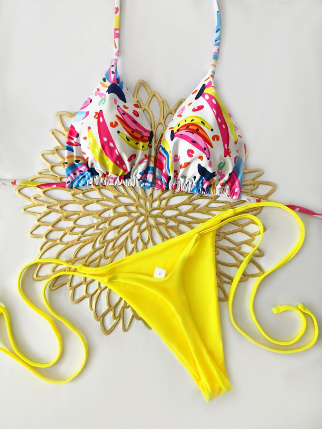 Damen Bikini-Set mit buntem Obstmuster und seitlichem Knoten R&B