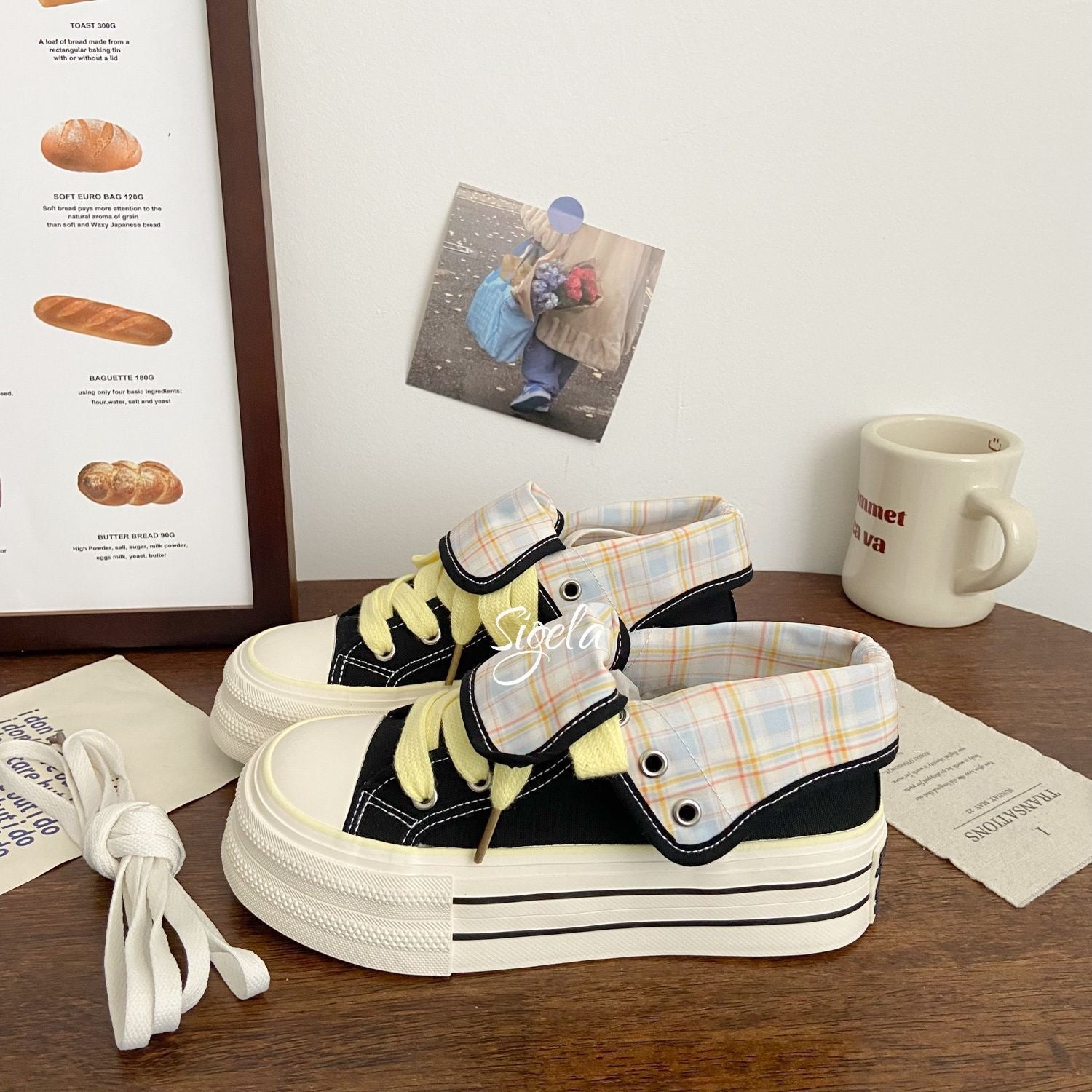 Damen Plateau Sneakers mit modischem Karomuster und elastischen Schnürsenkeln
