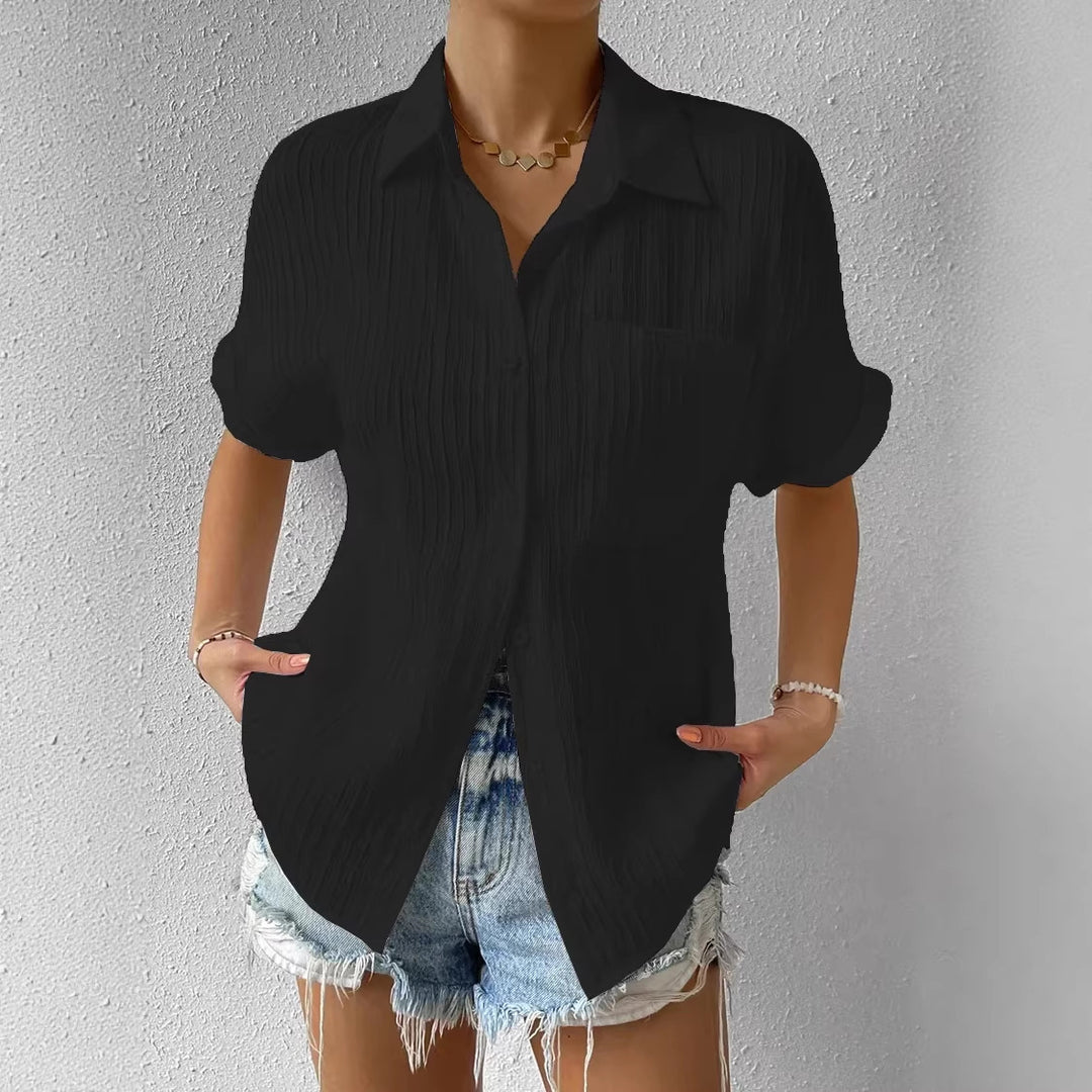 Damen lässige kurzärmlige Bluse mit Struktur und Brusttasche R&B