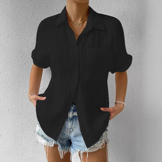 Damen lässige kurzärmlige Bluse mit Struktur und Brusttasche R&B