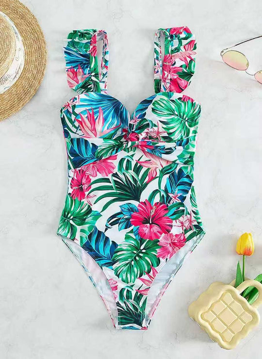 Damen Einteiler Badeanzug mit floralem Design und Rüschen R&B