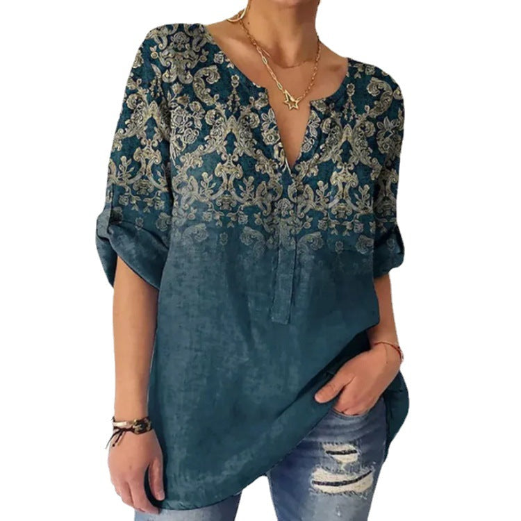 Damen nan V-Ausschnitt-Tunika im Leinenlook mit ornamentalem Bordürenprint, krempelbaren Ärmeln und gerundetem Saum R&B