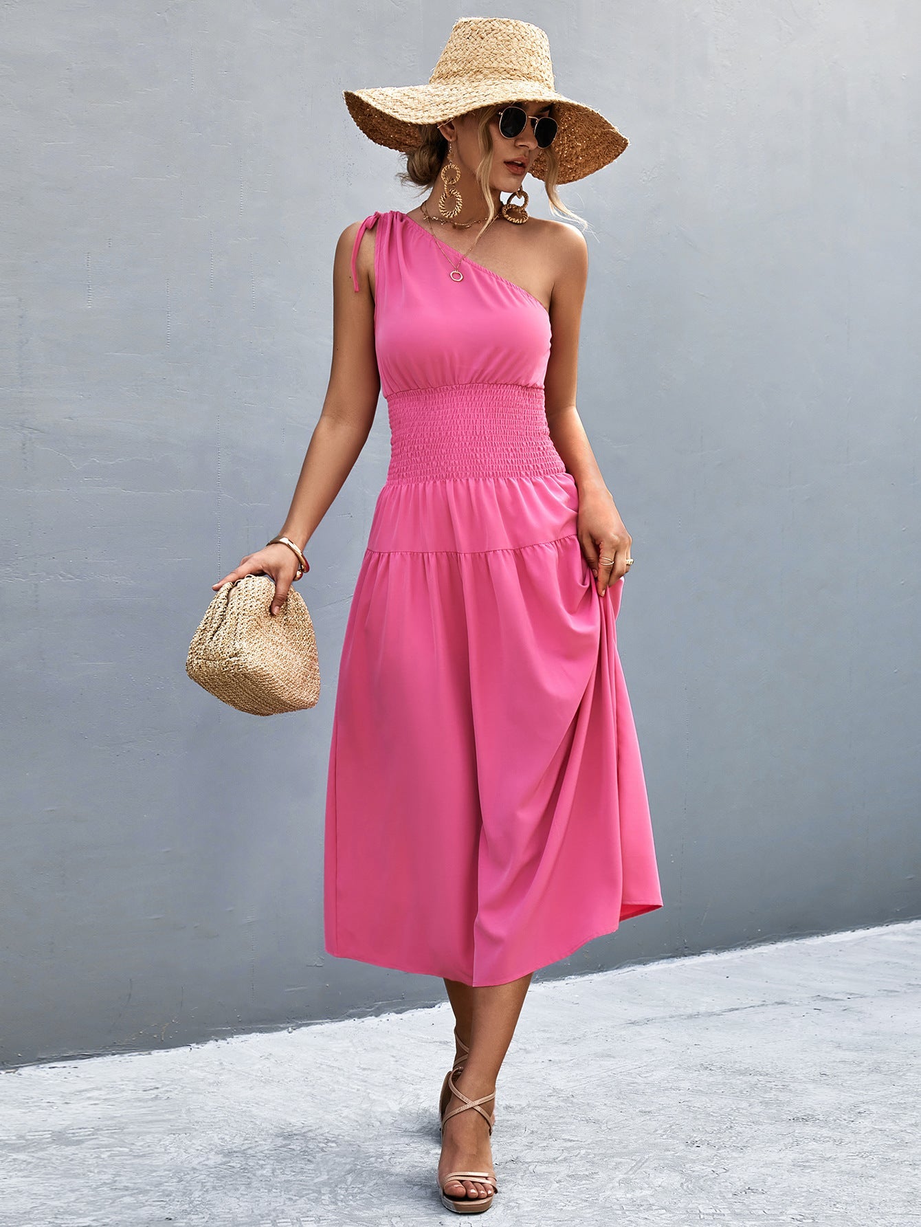 Damen Midikleid mit schnörkellosem Ein-Schulter-Design und elastischem Taillenband R&B