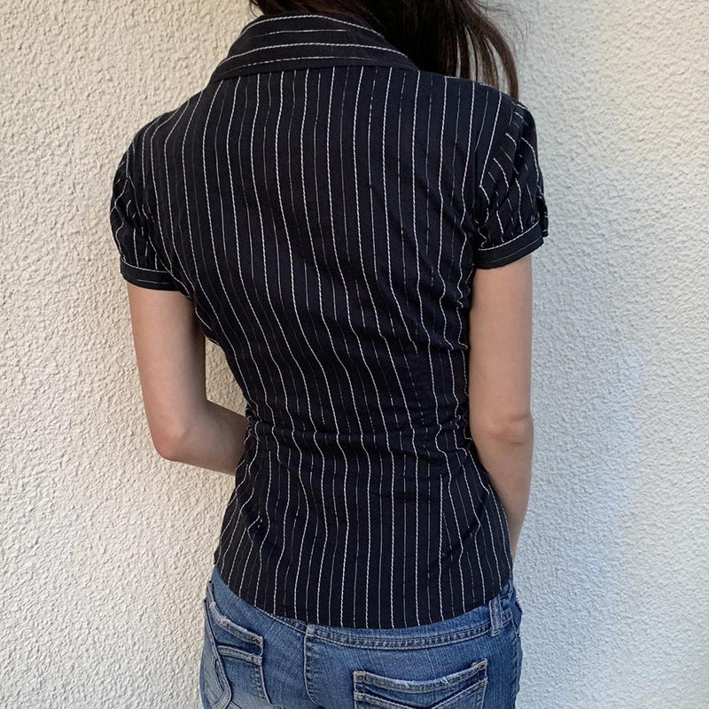Damen taillierte Kurzarmbluse mit Streifenmuster R&B