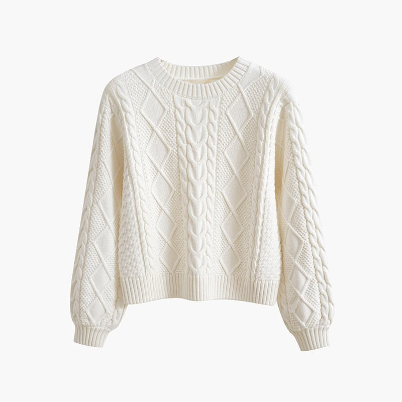 Damen Grobstrickpullover mit kreativem Zopfmuster und weit geschnittenen Ärmeln R&B