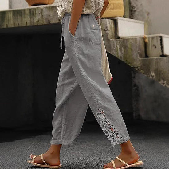 Damen luftige Leinenhose mit dekorativen Stickereien R&B