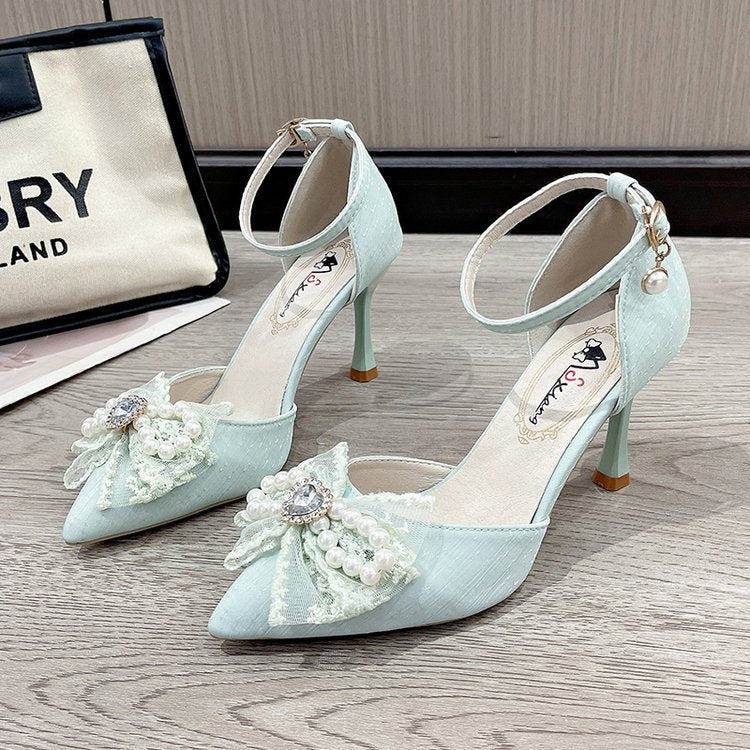 Damen elegante Pumps mit dekorativer Perlen- und Schleifenverzierung R&B