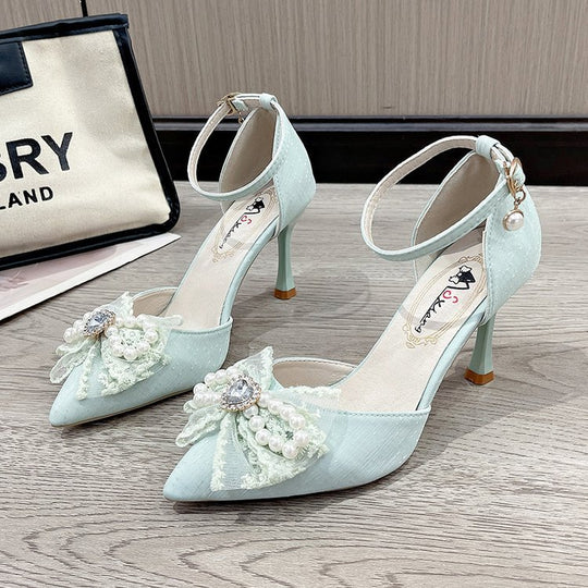 Damen elegante Pumps mit dekorativer Perlen- und Schleifenverzierung R&B