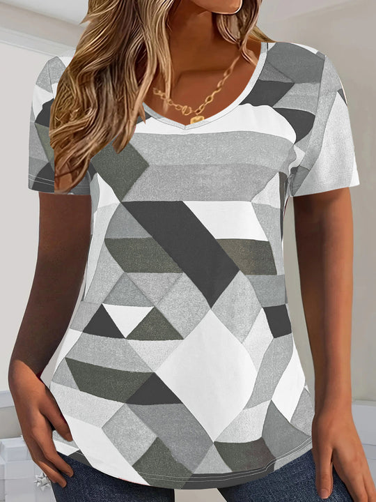 Damen V-Ausschnitt T-Shirt mit geometrischem Muster und weichem Material R&B