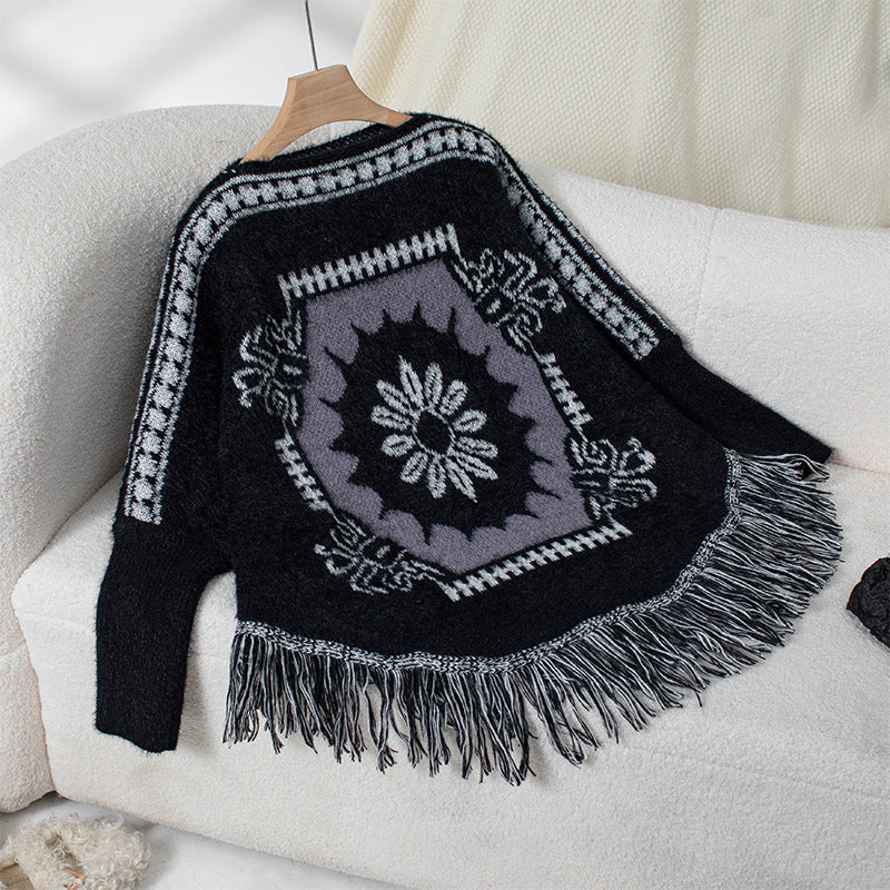 Damen eleganter Strickponcho mit kunstvollem Muster und fransigem Abschluss R&B