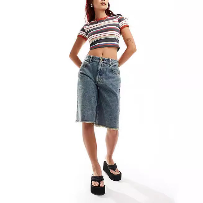 Damen Denim-Bermudashorts mit lässigem Schnitt und fransigen Säumen R&B
