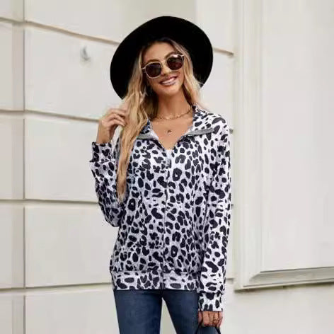 Damen modisches Oberteil mit Leopardenmuster und modernem Kragen R&B