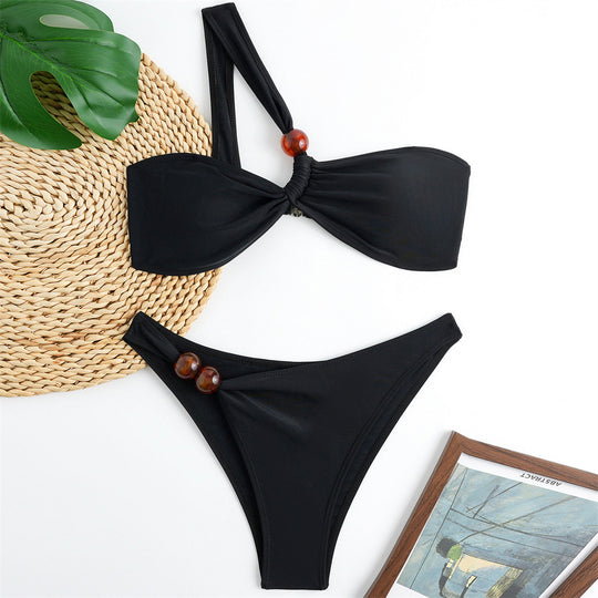 Damen Bikini-Set mit asymmetrischem Halter-Neck und dekorativen Hosenknöpfen R&B