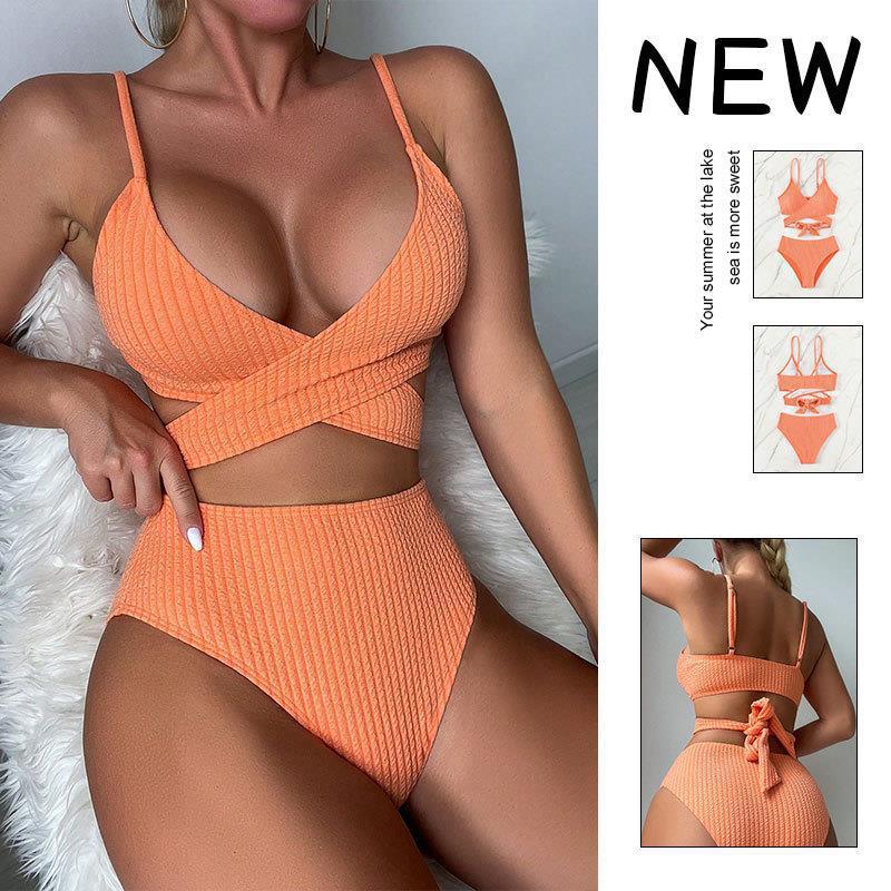 Damen Rippstruktur Bikini-Set mit verstellbaren Trägern und hohem Taillenschnitt