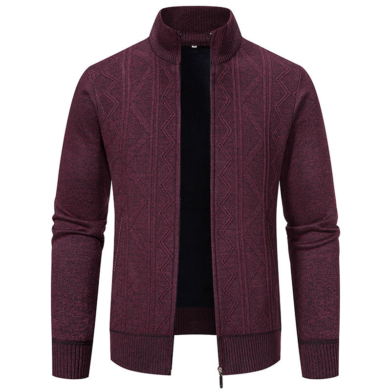 Herren elegante Strickjacke mit strukturiertem Zopfmuster und hohem Kragen R&B