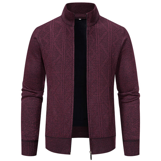Herren elegante Strickjacke mit strukturiertem Zopfmuster und hohem Kragen R&B