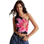 Damen Crop-Top mit asymmetrischem Ausschnitt und floralen Akzenten R&B