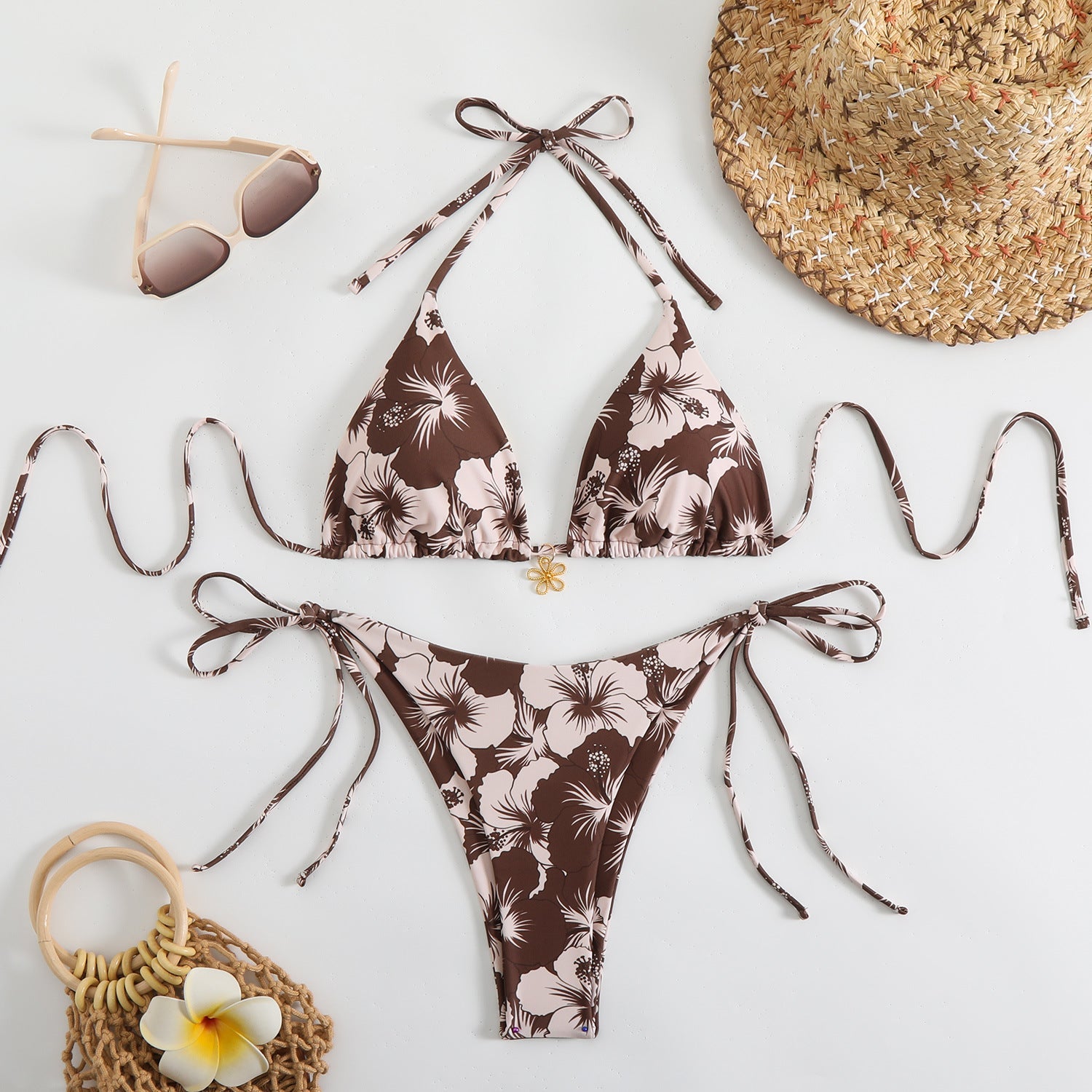 Damen Triangel-Bikini mit floralem Design und verstellbaren Trägern R&B