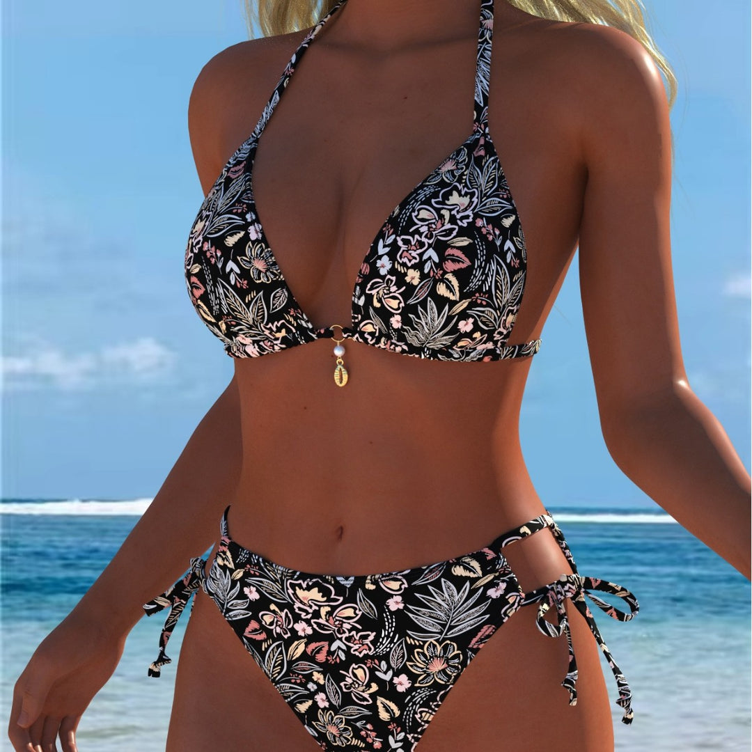 Damen Triangel-Bikini mit verspieltem Floral-Design und verstellbaren Bindebändern R&B