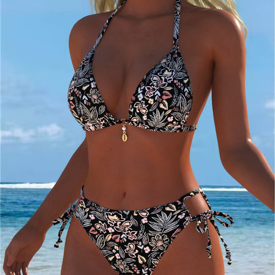 Damen Triangel-Bikini mit verspieltem Floral-Design und verstellbaren Bindebändern R&B
