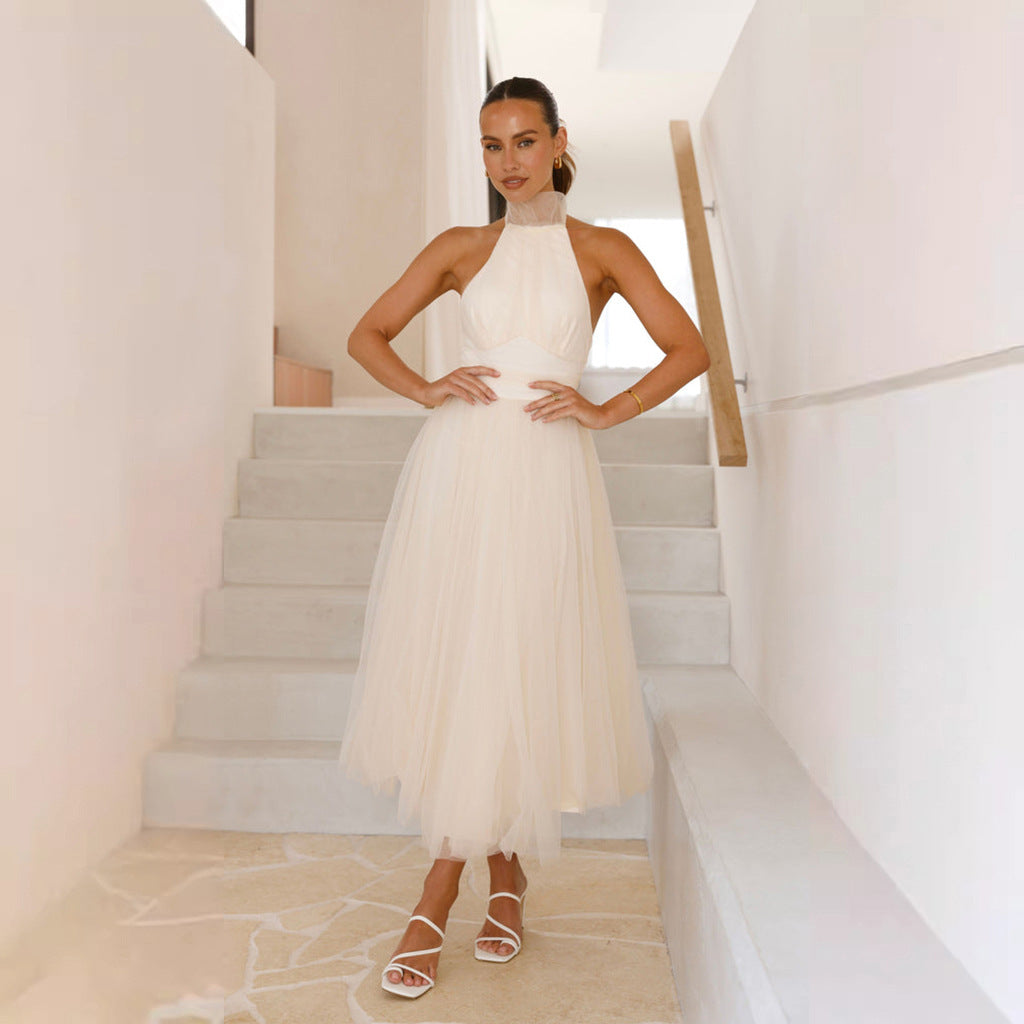 Damen Tüllkleid mit elegantem Halterneck und schwingendem Rock R&B