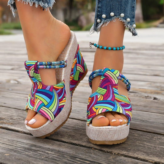 Damen modische Wedge-Sandalen mit buntem Mustermix und bequemer Sohle R&B