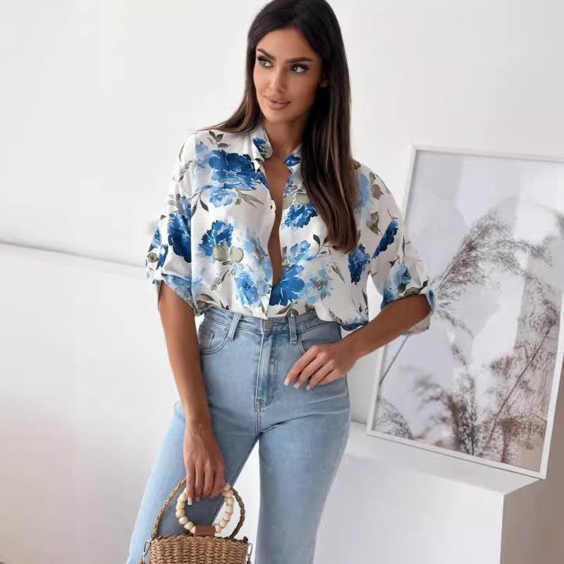 Damen blumige Oversize-Bluse mit kurzen Ärmeln R&B