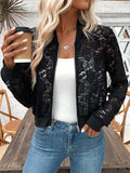 Damen nan Spitzen-Bomberjacke mit Reißverschluss, Rippbündchen und floraler Transparenz R&B