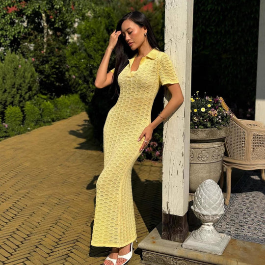 Damen Strickkleid mit raffiniertem Lochmuster und Polo-Kragen R&B