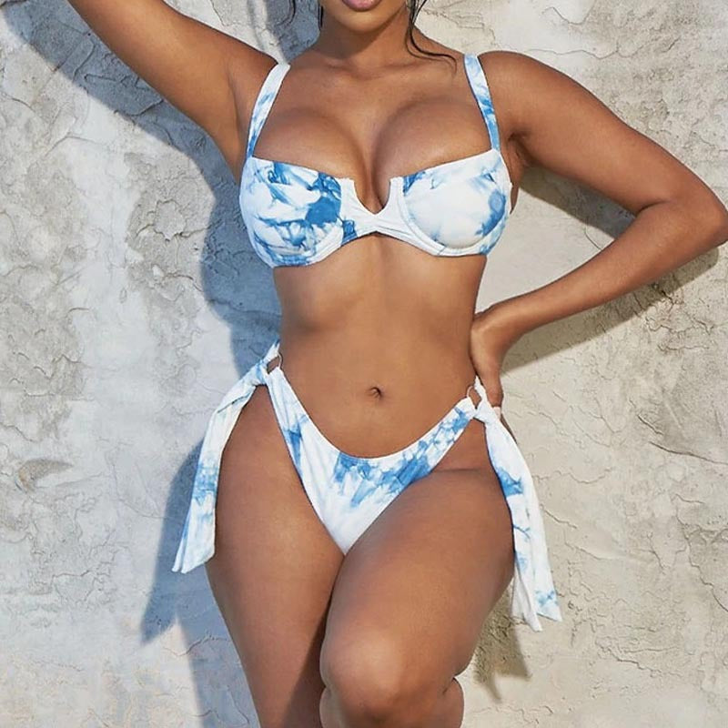 Damen Hochgeschnittener Bikini mit floralem Design und seitlichen Bindedetails R&B