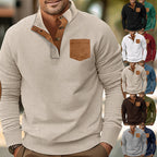 Herren eleganter Strickpullover mit Knopfleiste und kontrastierenden Ellbogenpatches R&B