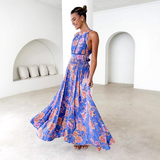 Damen Maxikleid mit elegantem floralem Design und schwingendem Rock R&B