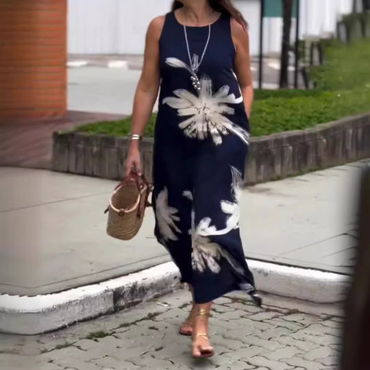 Damen nan ärmelloses lässiges Maxikleid aus Leichtjersey mit großflächigem Pinselblumenmuster und versteckten Seitentaschen R&B