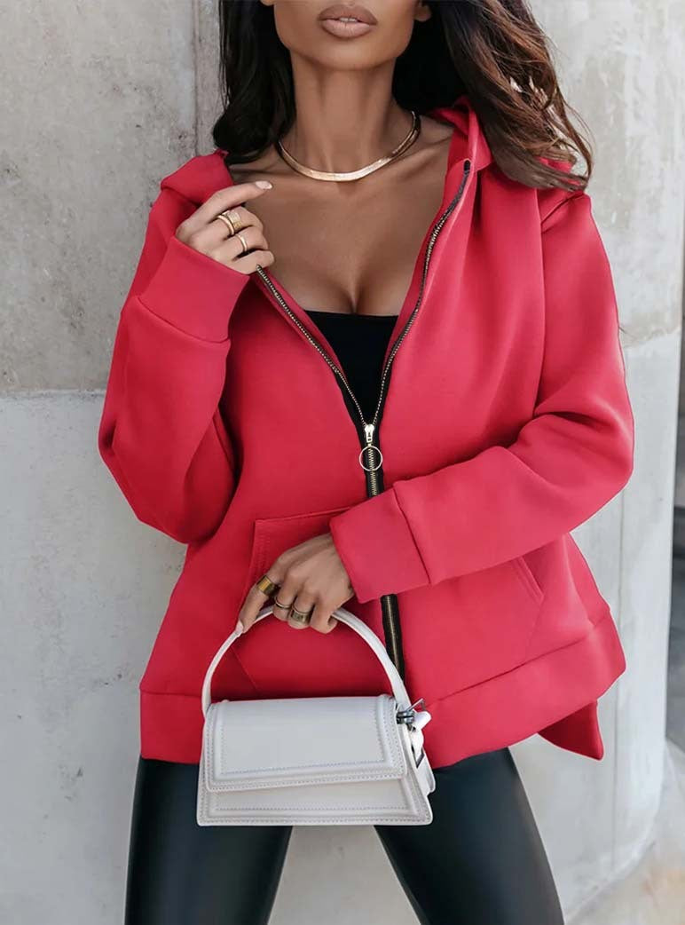 Damen sportlicher, oversized Kapuzenpullover mit Reißverschluss und praktischen Taschen R&B