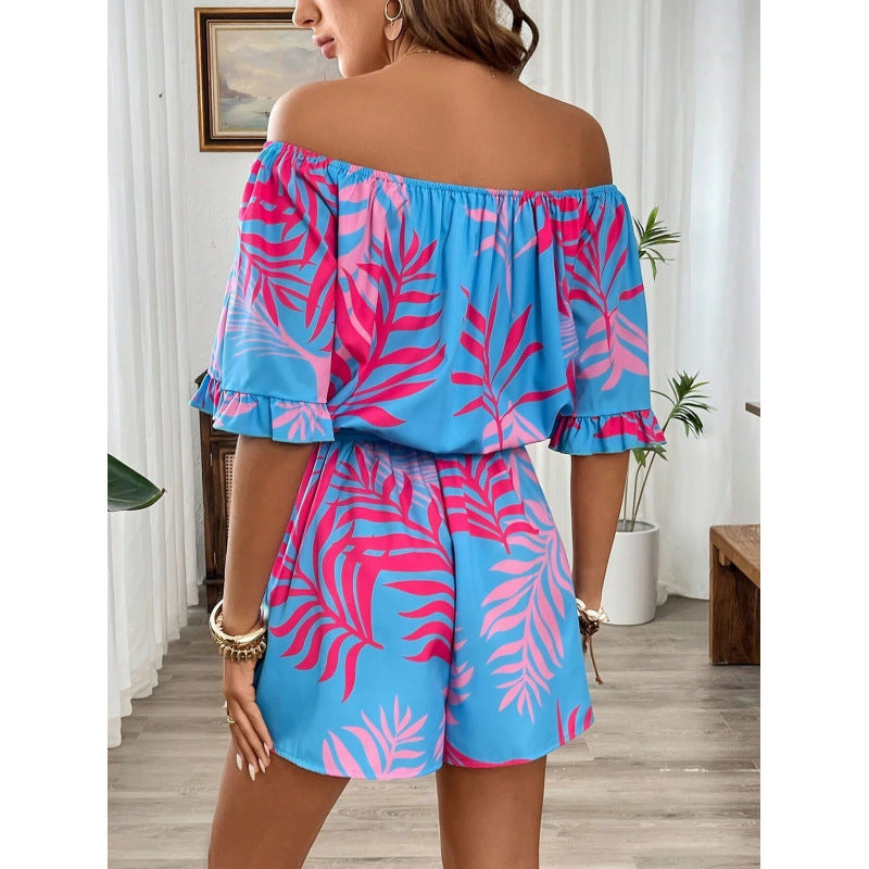 Damen Off-Shoulder Jumpsuit mit floralem Design und elastischem Bund R&B