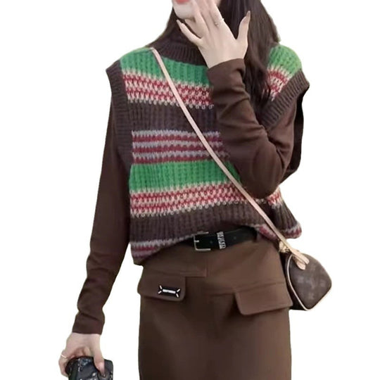 Damen lässiger Strickoversize-Pullover mit buntem Streifenmuster und ärmellosem Design R&B