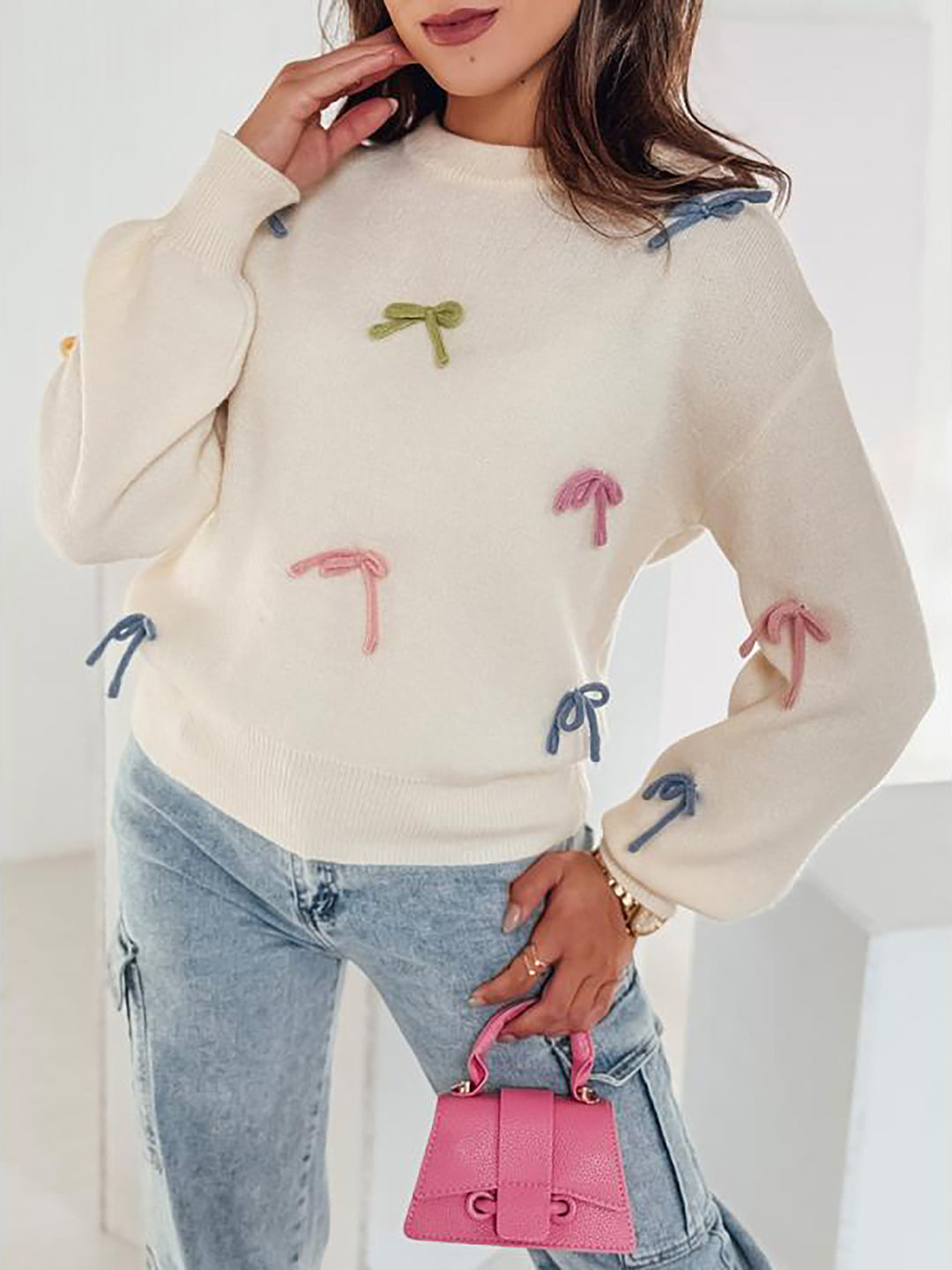 Damen Strickpullover mit verspielten Schleifenapplikationen und lässigem Schnitt R&B